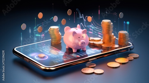 Smart Money and financial, Feature modern technology. smartphone with a savings app and coins, saving and banking concept photo