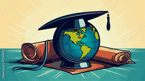 Globe with a graduation cap on an atlas symbolizing the fusion of geography and academic achievement .simple isolated line styled vector illustration