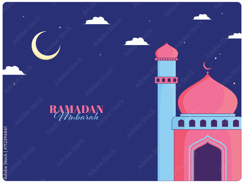 Ramadan Mubarak Greeting Card Design with Mosque, Crescent Moon and Clouds on Blue Background.