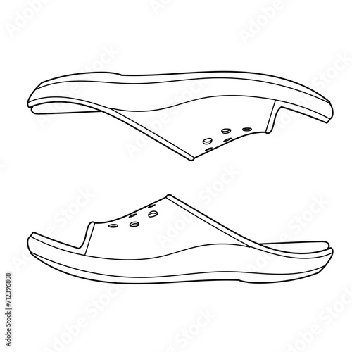 Flip flop unisex sandal shoes. Up side, outline vector doodle illustration. Flip flop sandal shoes for men. Up side vector doodle illustration.