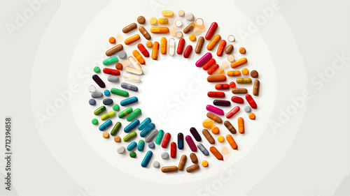 Medicine capsules arranged in a circular pattern symbolizing pharmaceutical aspects of health .simple isolated line styled vector illustration