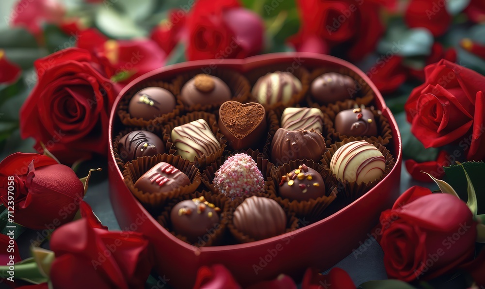 Gift box chocolates and red roses on wooden surface Gift box chocolates and red roses on wooden surface