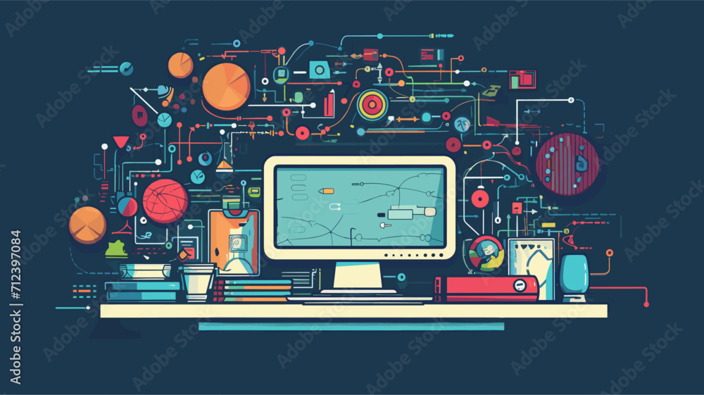 Retro computer monitor with educational icons representing the integration of technology in modern education .simple isolated line styled vector illustration - obrazy, fototapety, plakaty 