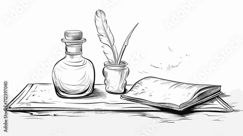 Quill and inkwell representing traditional methods of education .simple isolated line styled vector illustration