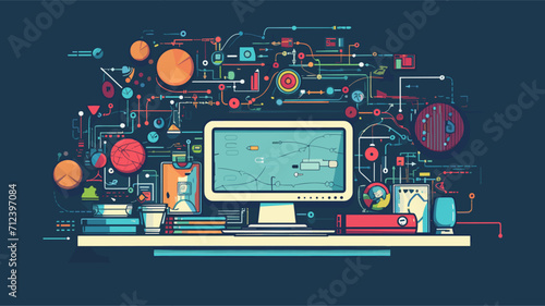 Retro computer monitor with educational icons representing the integration of technology in modern education .simple isolated line styled vector illustration