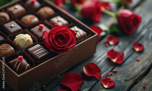 Gift box chocolates and red roses on wooden surface © Klnpherch