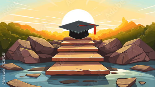 Stepping stones forming a bridge to a graduation cap symbolizing the journey to educational success .simple isolated line styled vector illustration