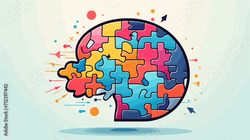 Abstract brain with puzzle pieces signifying the cognitive benefits of engaging in challenging mental activities .simple isolated line styled vector illustration
