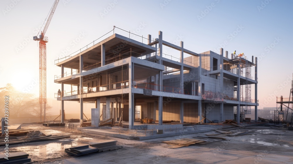 modern concrete and steel building construction site in morning