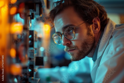Quantum computer engineer working in a high-tech lab, scientist research concept