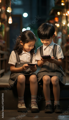 Asian children check their mails on a mobile phone  Generate AI