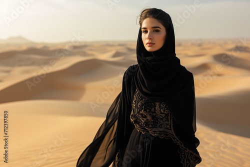 Young beautiful Caucasian woman posing in a traditional Emirati dress - abaya in Empty Quarter desert landscape.