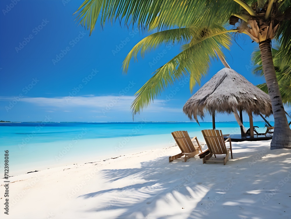 Sunny Tropical Beach Framed by Palm Leaves, Overlooking a Picturesque Paradise Island Sunny Tropical Beach Framed by Palm Leaves, Overlooking a Picturesque Paradise Island