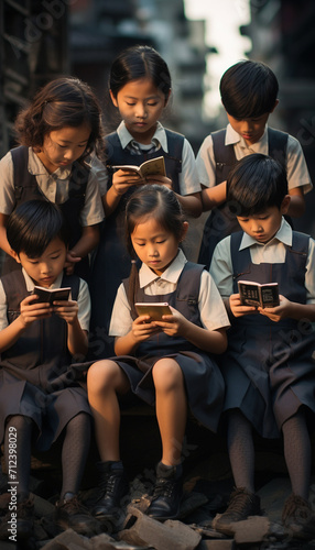 Asian children check their mails on a mobile phone, Generate AI