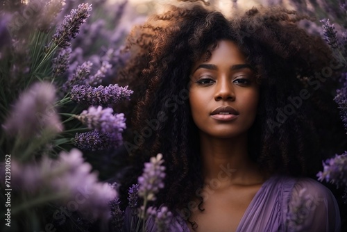 A stunning of a beautiful black woman with curly long hair, surrounded by a magical floral bower of lavender bliss.. 