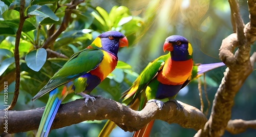 PARROT  rainbow colors, perched playfully on sunlit tree 