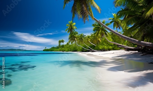 Sunny Tropical Beach Framed by Palm Leaves, Overlooking a Picturesque Paradise Island