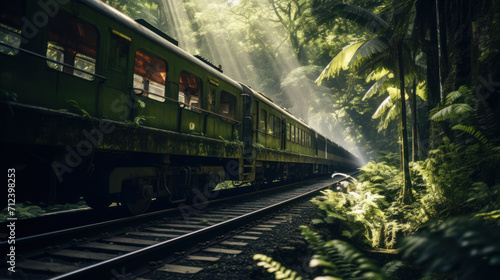 Retro steam train rushes along the railway track in forest.
