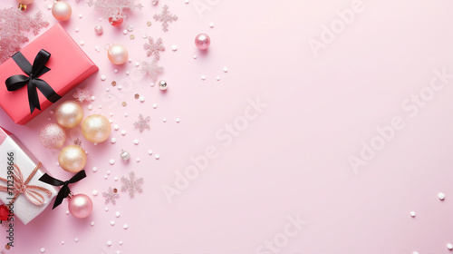 Festive Christmas Concept: Top View of Present Boxes and Stylish Decor on Snowy Fir Branches with Blank Space for Promotional Content on Isolated Light Pink Background