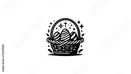 easter basket illustration full of decorated easter eggs and flowers. black and white illustration of easter basket no fill. easter egg illustration simple