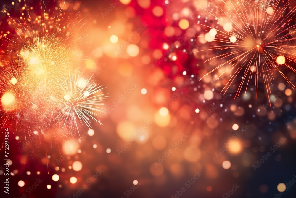 Obraz premium Red - Gold Fireworks and bokeh in New Year eve and copy space. Abstract background holiday