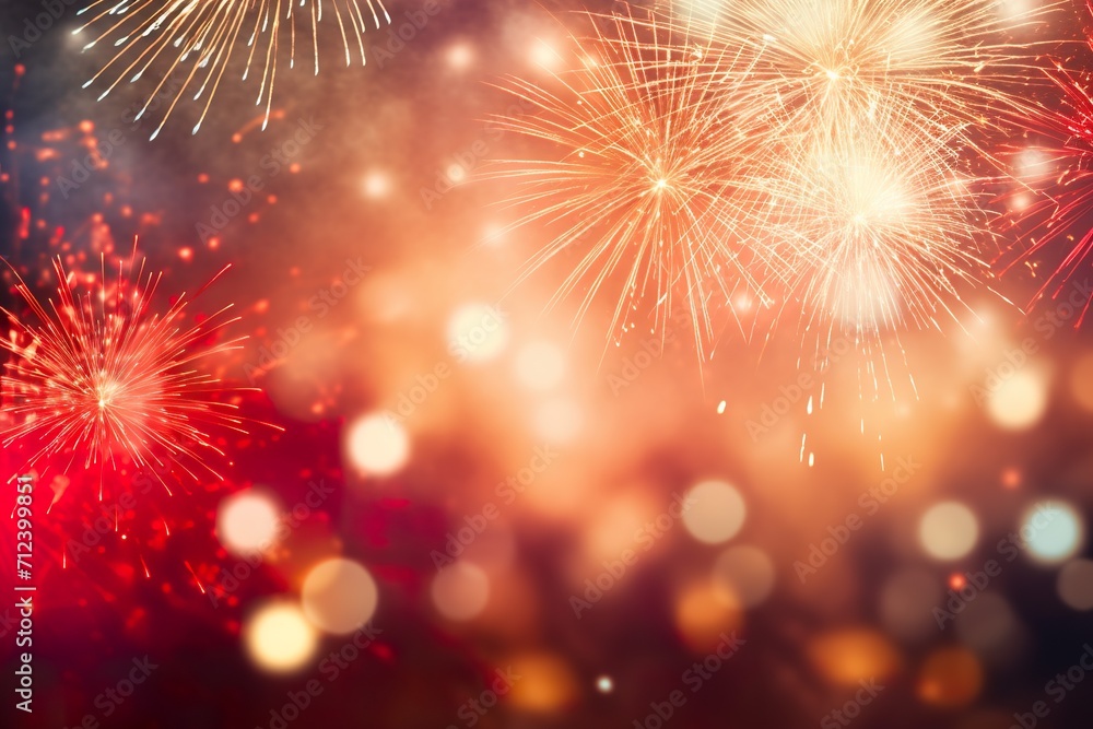 Fototapeta premium Red - Gold Fireworks and bokeh in New Year eve and copy space. Abstract background holiday