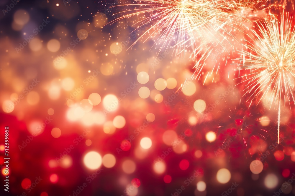 Fototapeta premium Red - Gold Fireworks and bokeh in New Year eve and copy space. Abstract background holiday