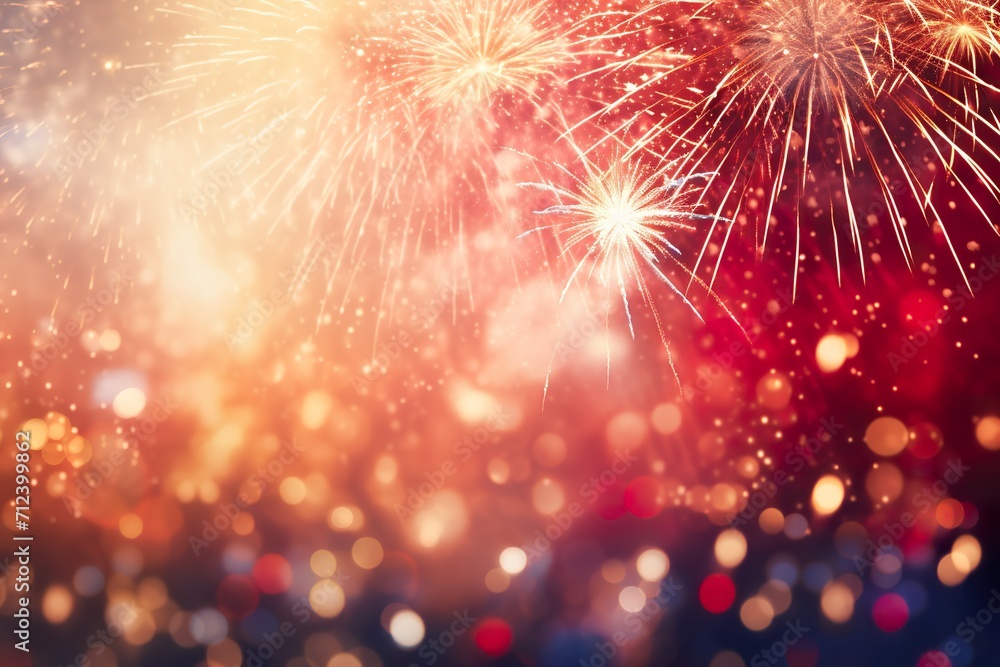 Fototapeta premium Red - Gold Fireworks and bokeh in New Year eve and copy space. Abstract background holiday