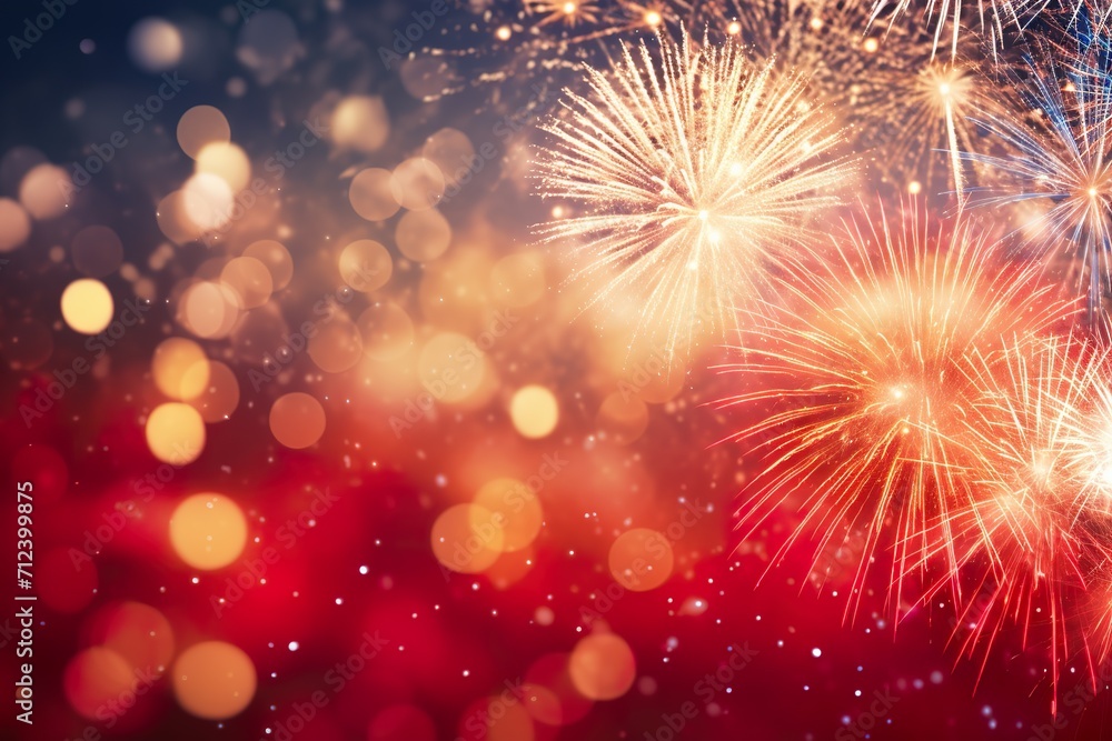 Obraz premium Red - Gold Fireworks and bokeh in New Year eve and copy space. Abstract background holiday