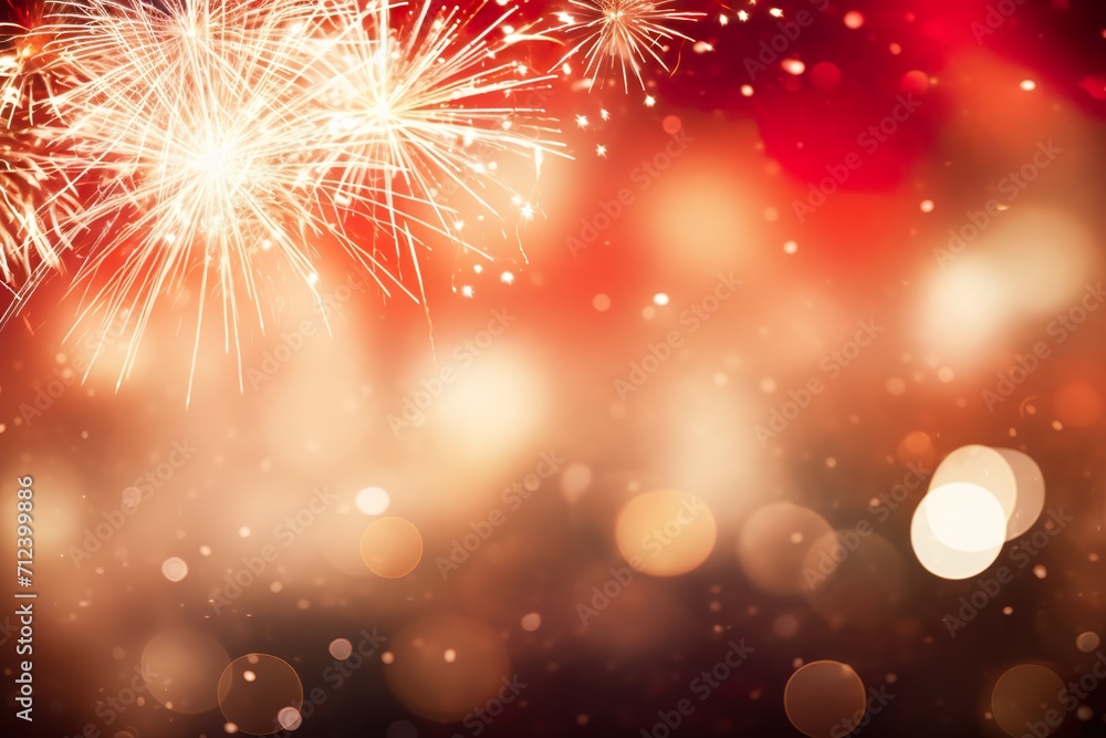 Fototapeta premium Red - Gold Fireworks and bokeh in New Year eve and copy space. Abstract background holiday