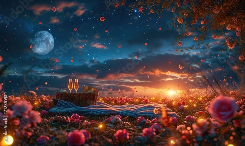 Rose petals lead to a blanket spread on the grass in a meadow with a picnic basket, beautiful stary sky and bright moon