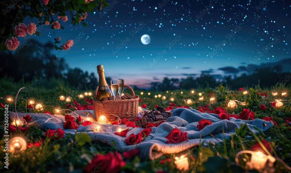 Rose petals lead to a blanket spread on the grass in a meadow with a picnic basket,
beautiful stary sky and bright moon - obrazy, fototapety, plakaty 