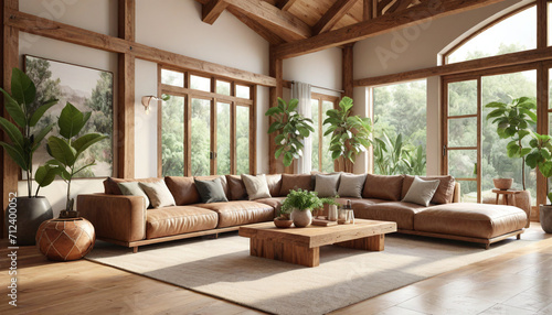 Eco-friendly living room design, large biophilic elements, natural light, sustainable materials, earthy tones, open plan, wooden beams, stone accents, comfortable and organic furniture, large leafy