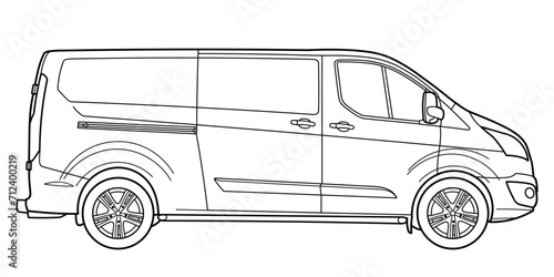 Classic van bus car. Side view shot. Outline doodle vector illustration