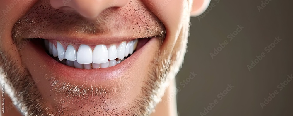 Fototapeta premium White smile of young man showing healthy tooth and mouth dentistry in dental care background happy face with clean whitening cheerful beauty laughter perfect fresh oral health handsome guy in clinic