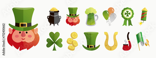 Saint patrick's day celebration cartoon icon set isolated on white background. Flat style elements collection. Vector illustration