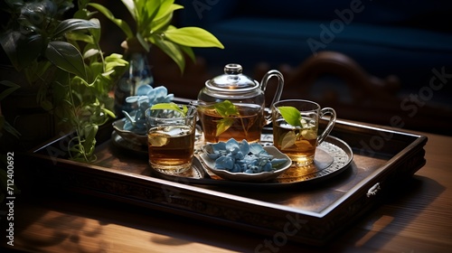 Elegant Tea Service on Ornate Wooden Tray with Plants