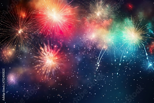 Multi-colors Fireworks and bokeh in New Year eve and copy space. Abstract background holiday