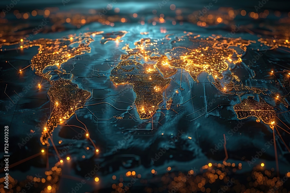 Global Interconnectedness A Spectacular Night View of Urban Centers and Major Cities Illuminated on a World Map, Depicting the Intricacies of Global Connectivity