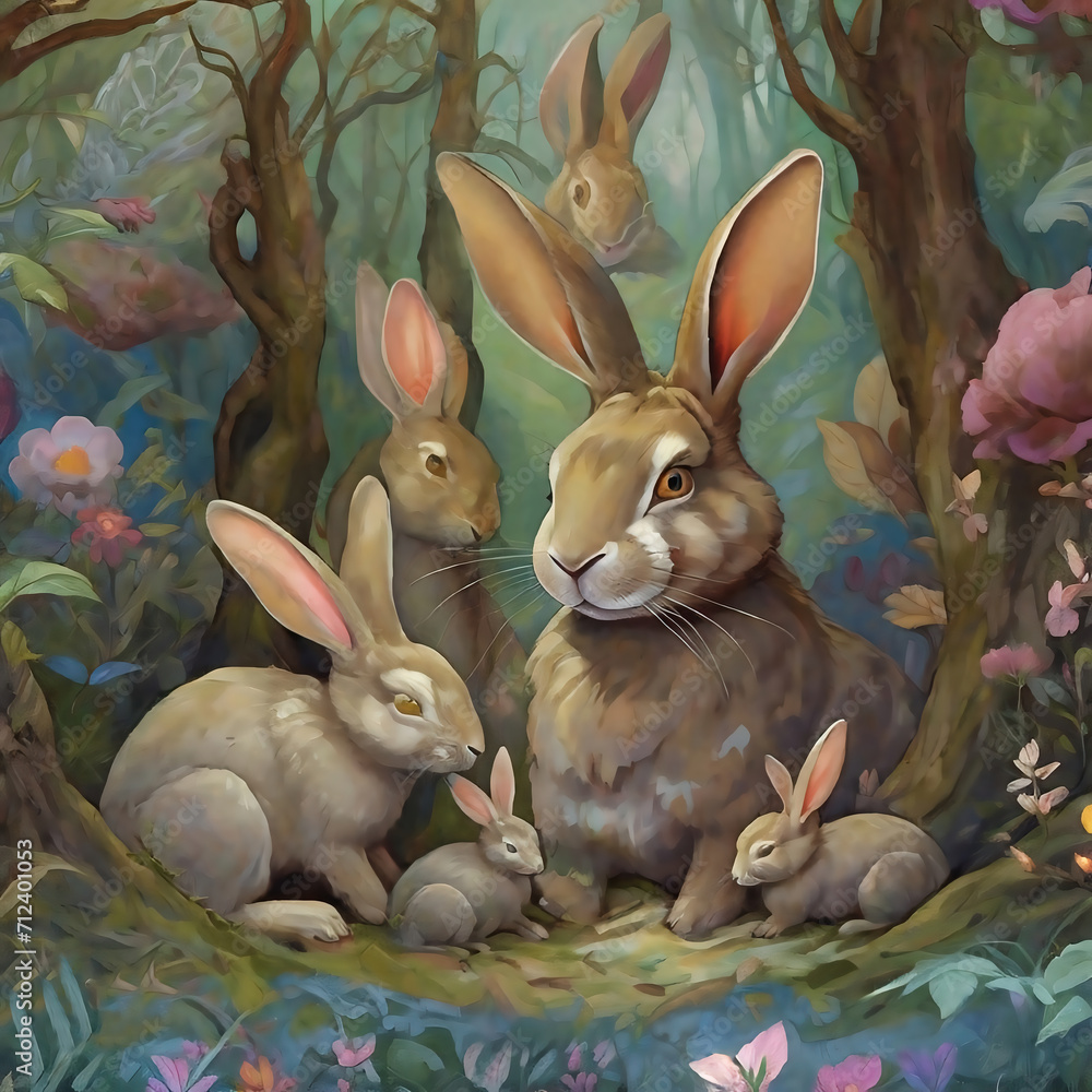 Fantasy Rabbits Painting Depicting a Family of rabbit Living in a Forest, Fantasy ...