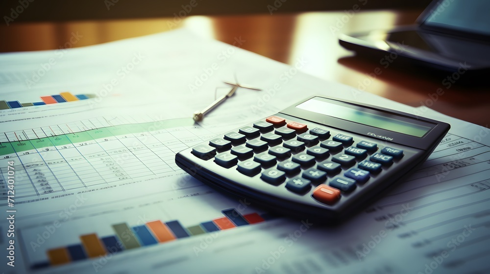 Financial graphs, Metrics, Reports on table with calculator. Financial graphs, Metrics, Reports on table with calculator.