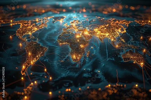Global Interconnectedness A Spectacular Night View of Urban Centers and Major Cities Illuminated on a World Map, Depicting the Intricacies of Global Connectivity