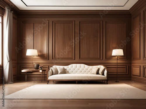 Premium style an empty room design with wooden boiserie on the wall, featuring walnut wood panel. © Mahmud
