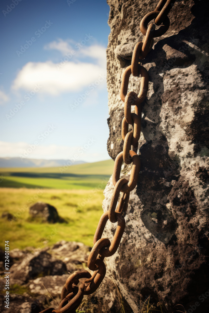 Old chain embedded in stone on a sunny day Old chain embedded in stone on a sunny day