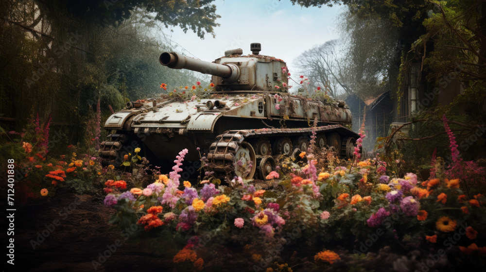 Decommissioned tank amidst blooming flowers in misty garden