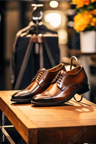 Stylish brown leather shoes on wood rack with warm lighting