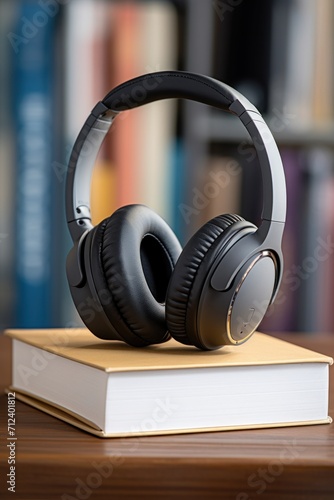 Quality headphones atop books in a library setting © Photocreo Bednarek