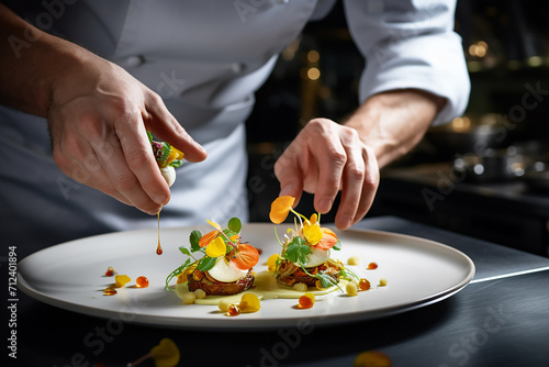 Chef decorating salad with salmon on a white plate in the restaurant