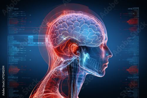 3d Illustration of Female Head with Brain Anatomy over blue background