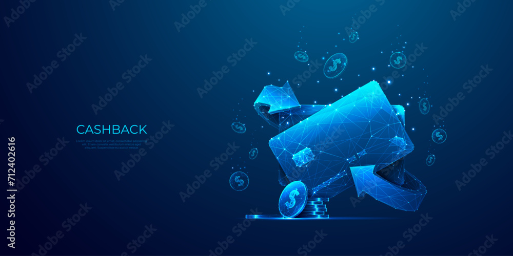 Cashback, Money Exchange concept. Abstract credit bank card, coin, return arrows in light blue futuristic monochrome style on technology background. Transfer money back. Low Poly vector illustration. - obrazy, fototapety, plakaty 